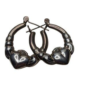 VTG Claddagh Hoop Earrings 925 Sterling Silver Larger Size 4.7 Grams 30mm Long